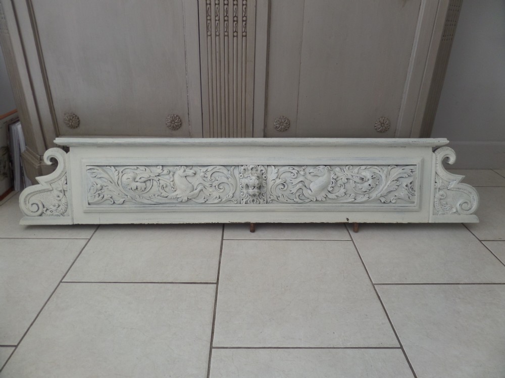 Large Antique Carved Oak Overmantel Panel Hippocampus Lion Dolphins