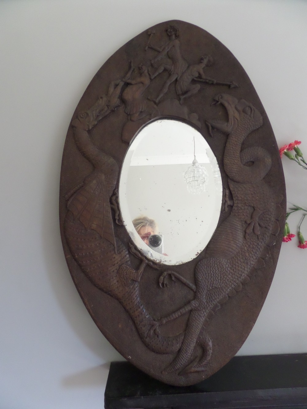 Antique Carved Oak Fantasy Dragon Mirror Panel