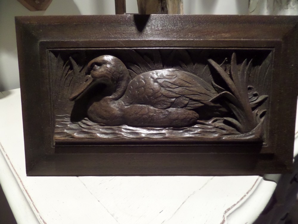 Antique Carved Oak Black Forest Panel of a Duck