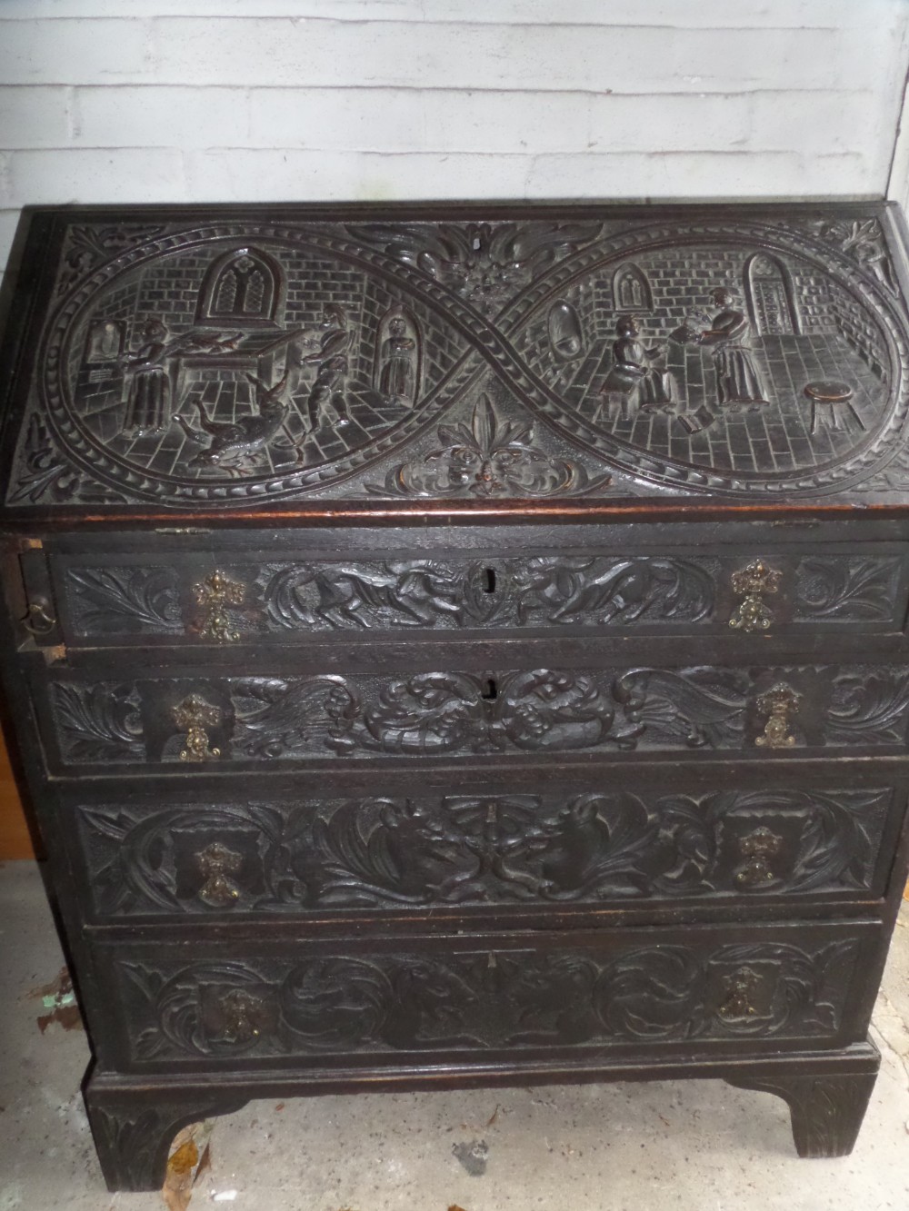 19th Century Carved Oak Flemish Gothic Mythical Desk Bureaux