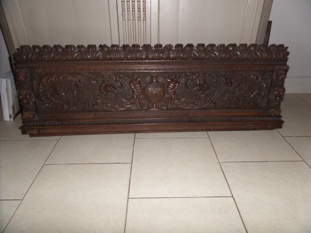 19th Century carved Walnut Cassone Panel Griffins Winged mermais Lions