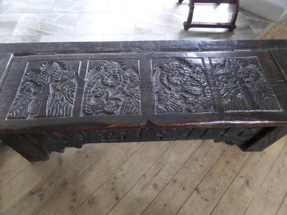 RARE 16th Century Carved Elm Coffer 6 Plank Chest Adam & Eve Serpent Tree of Life