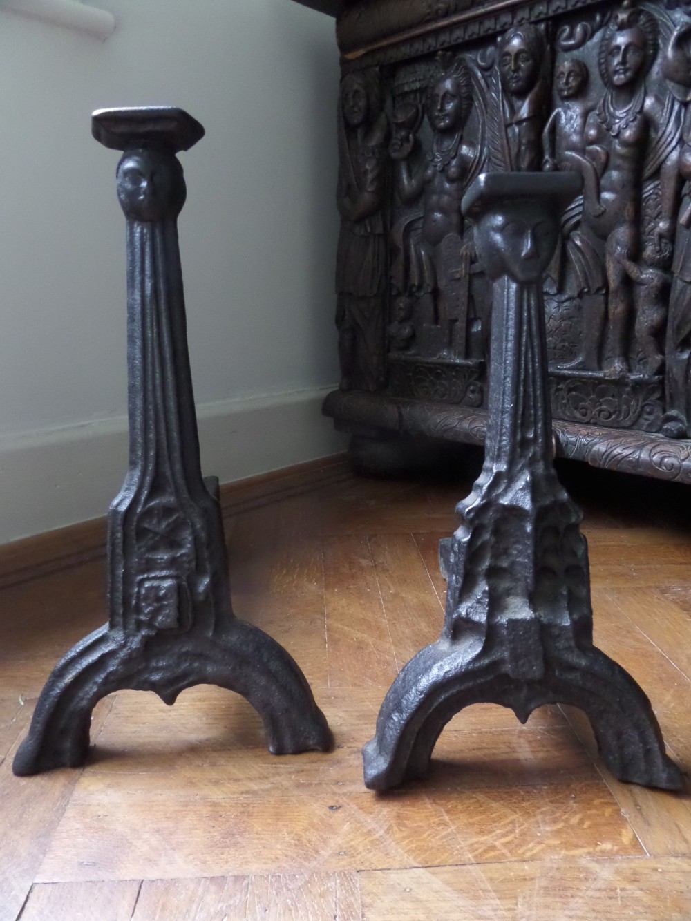 A Rare pair of 15th Century Gothic Wrought Iron Firedogs Fireplace