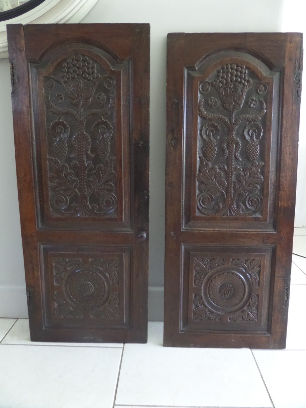 Pair of Carved Oak 17th Century Panels Fruits Pineapple