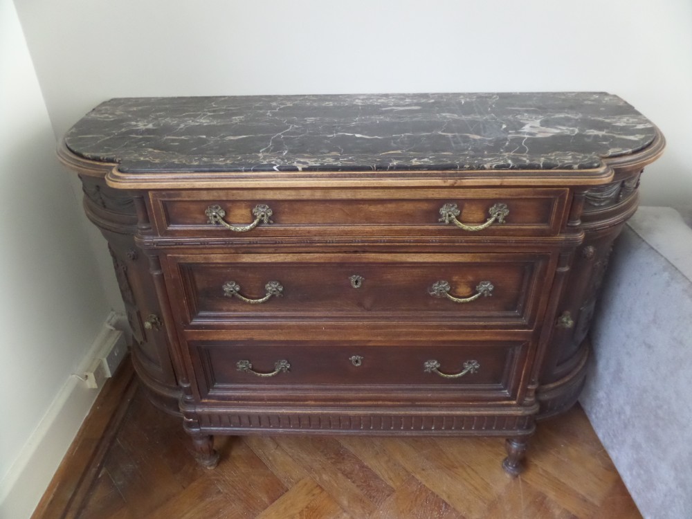 Antique Carved French Bombe Serpentine Marble Top Chest