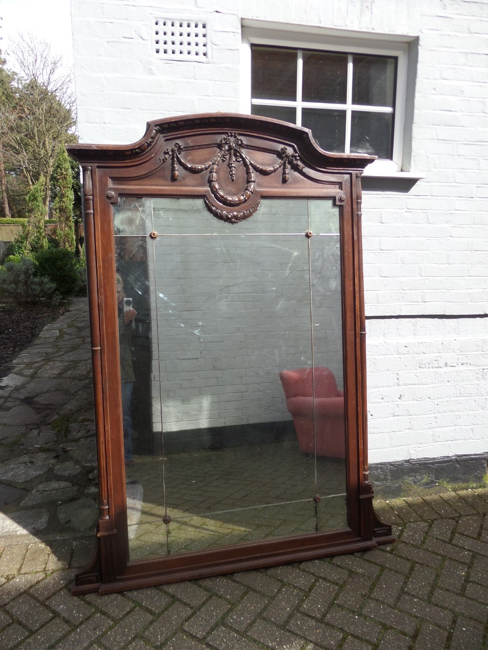 Large Antique 6' French Mirror with Ribbon Carvings