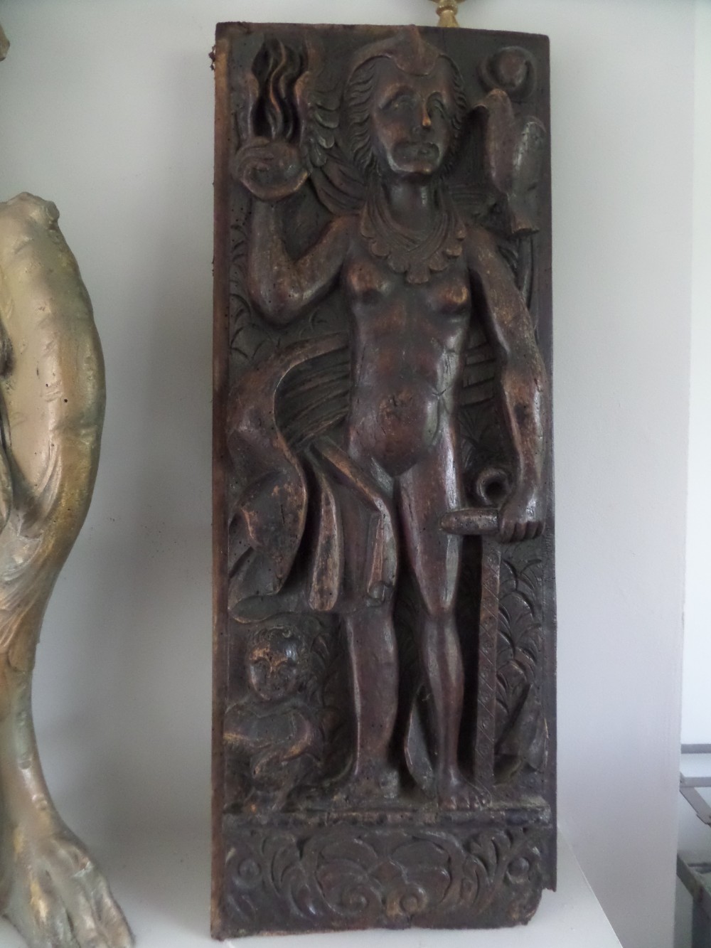 16th Century Carved English Walnut Cardinal Virtue Cherubs Doves Panel