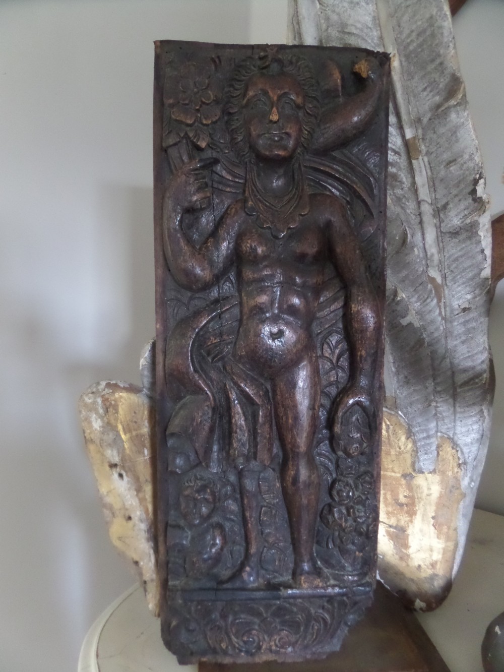 16th Century Carved Walnut Saint Cherub Bird Panel