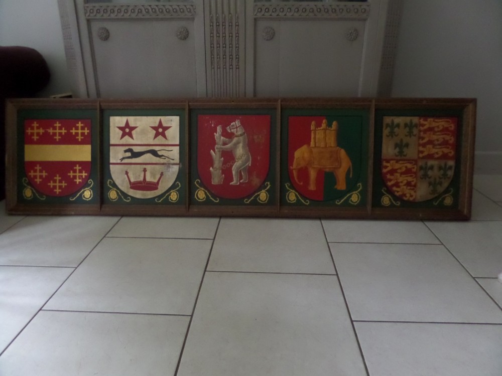 Antique Carved Oak Painted Shields Armorial Coat of Arms