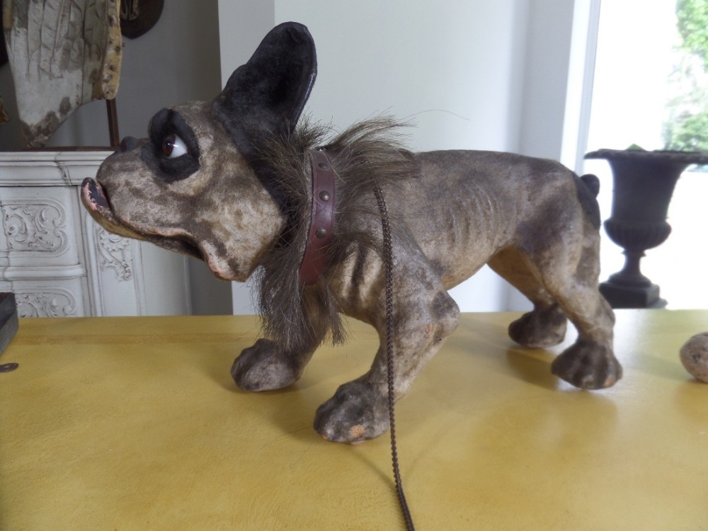 Antique Papier Mache French Growler Bulldog Roulett decamps