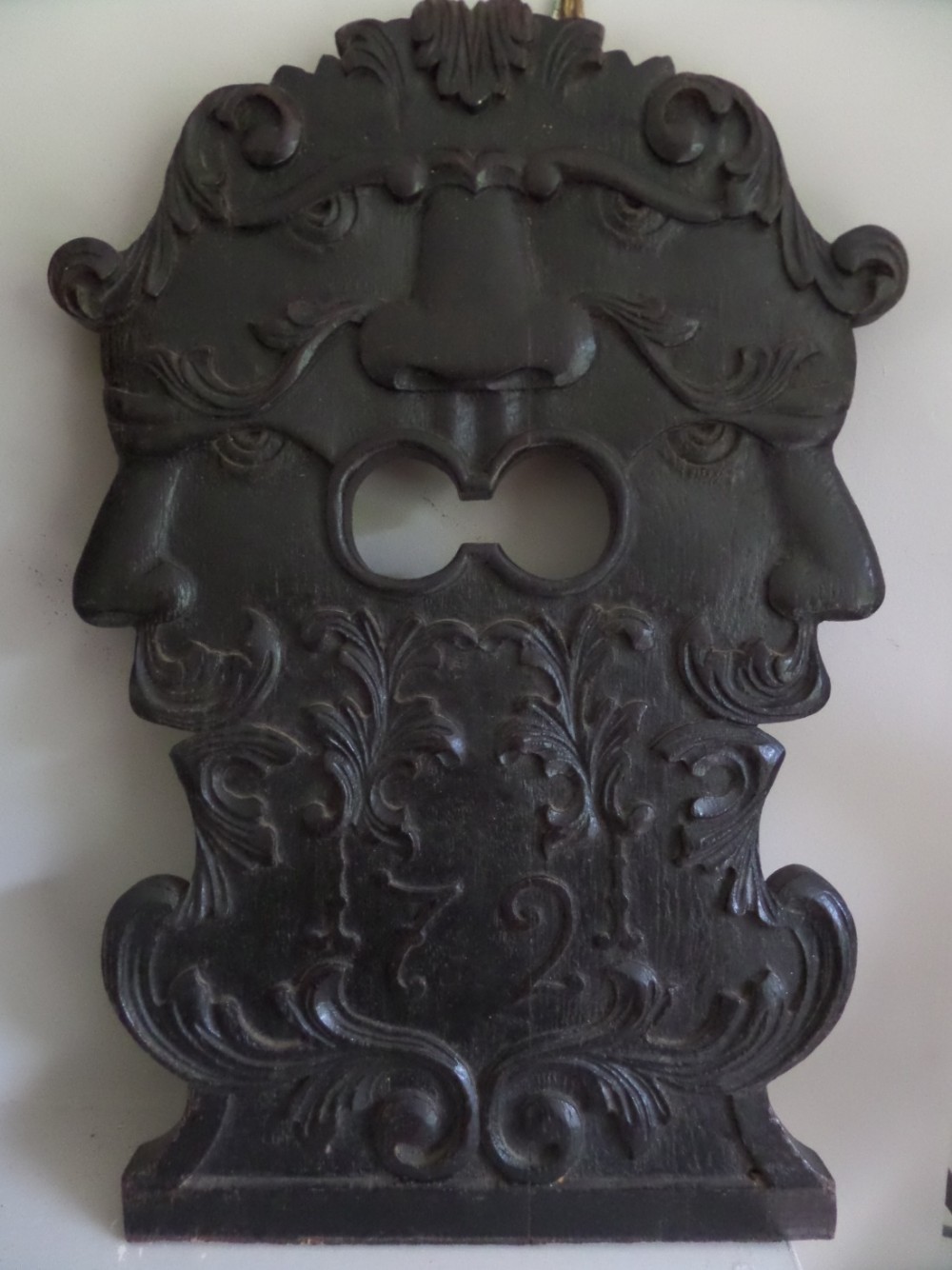 19th Century Carved Oak Panel Green Man with 3 Faces