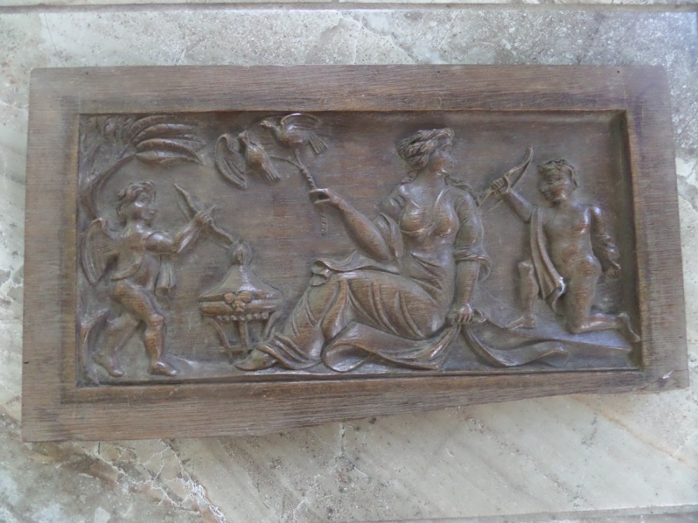 19th Century Carved Walnut Panel Cherubs Doves