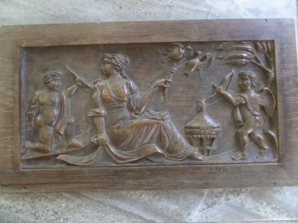 19th Century Carved Walnut Panel Putti Doves