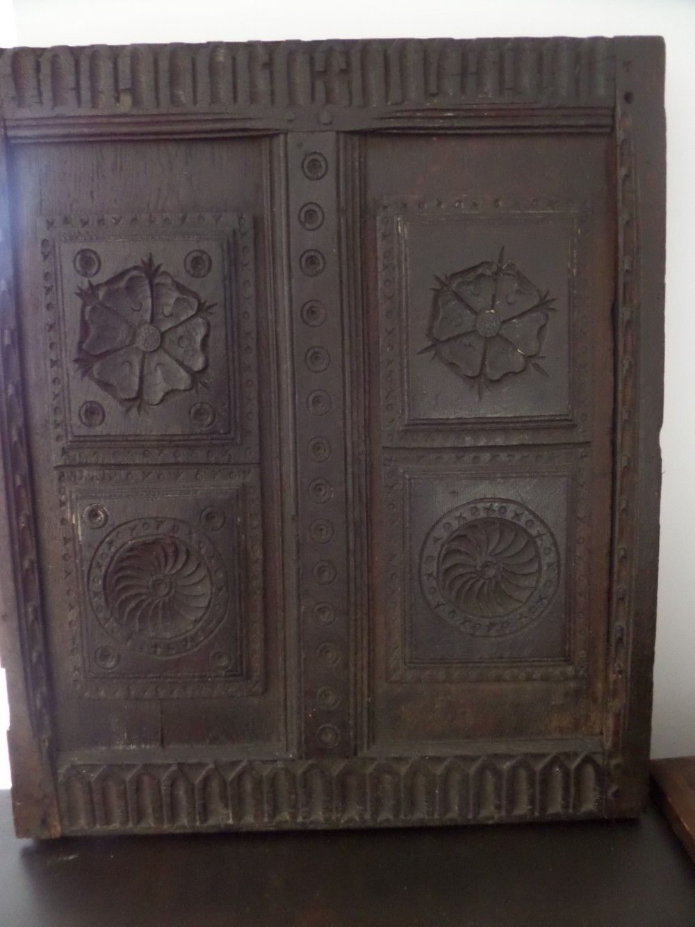 16th Century Deeply Carved Oak Panel of a Tudor Rose and Daisy  