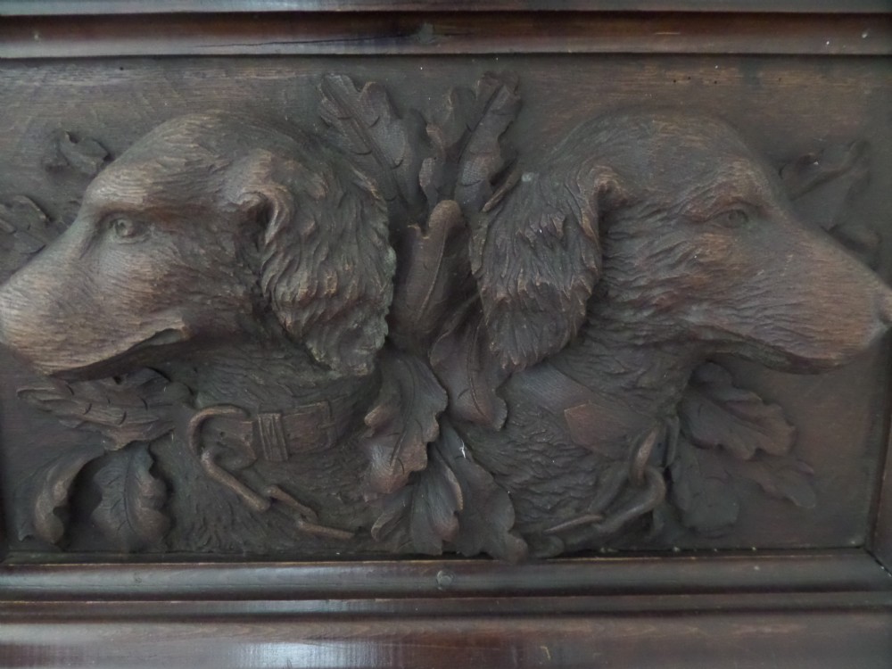 LARGE 19th Century Carved Oak Black Forest Panel Plaque Hunting Dog