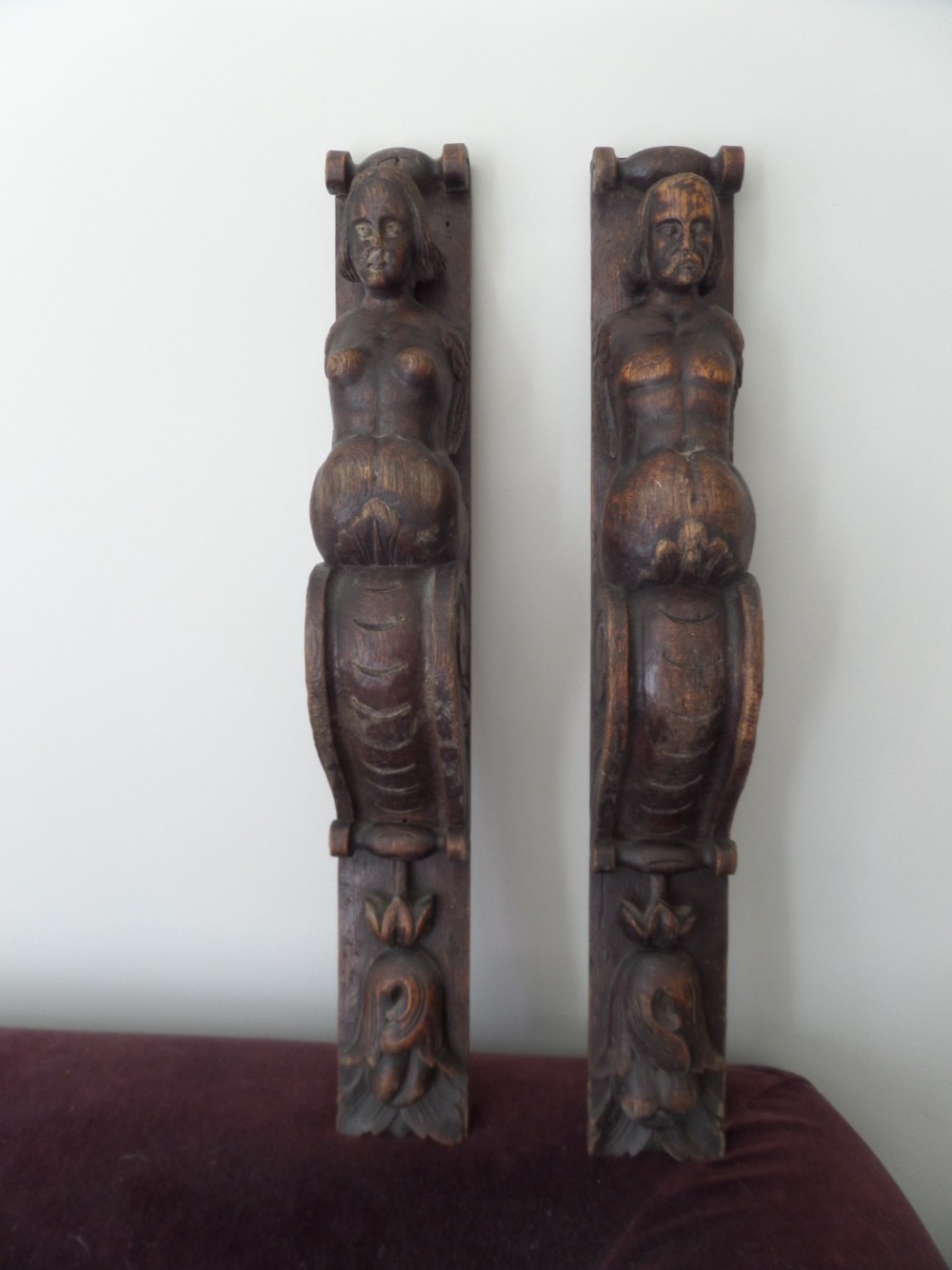 18th Century Carved Oak Winged Caryatids Mermaid and Merman Panel Ship