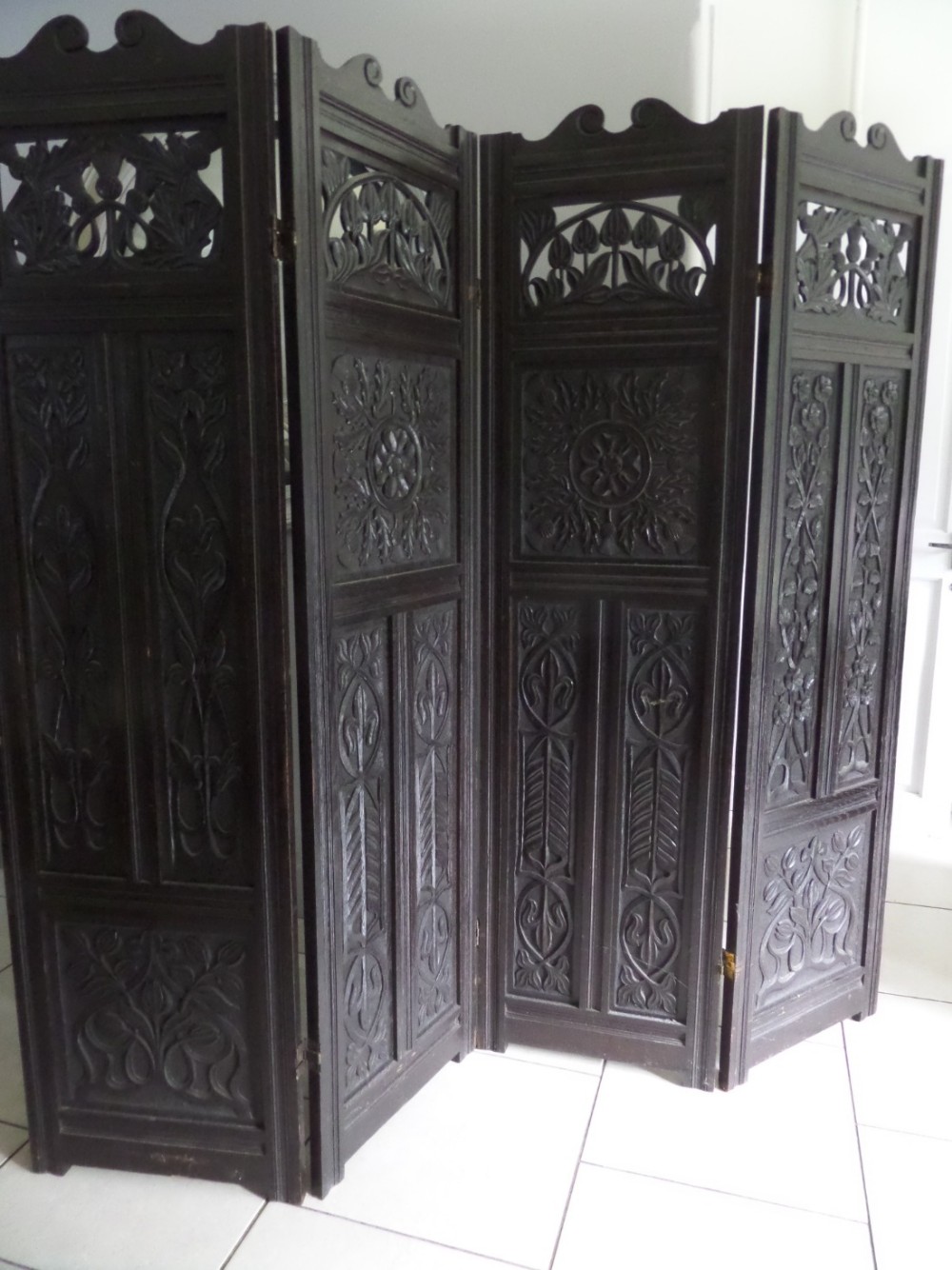 Arts Crafts Carved Oak Scottish Room Divider Screen Thistles Tulips etc...