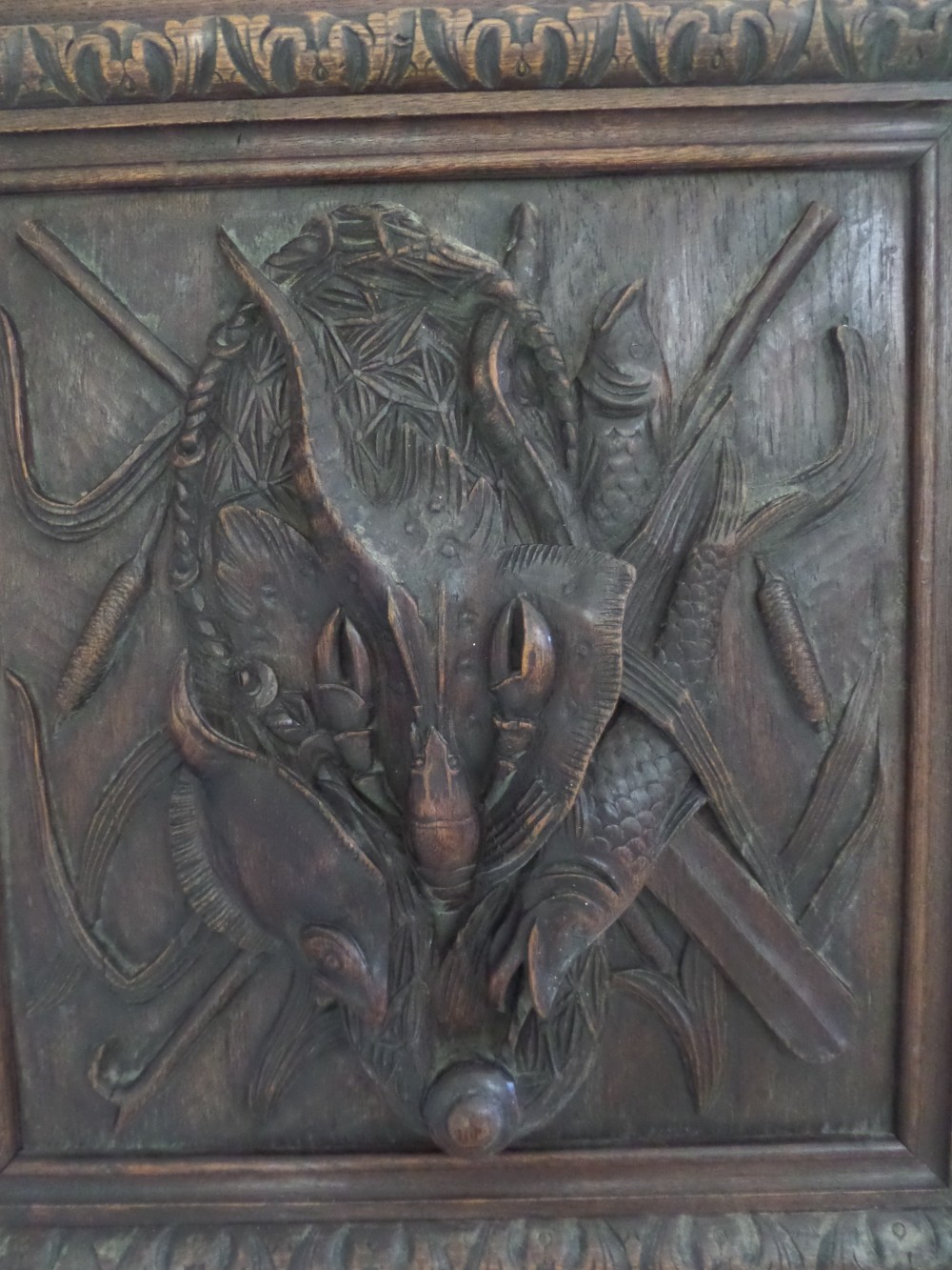 19th Century Carved Oak Black Forest Fish, Lobster Stingray Panel Plaque