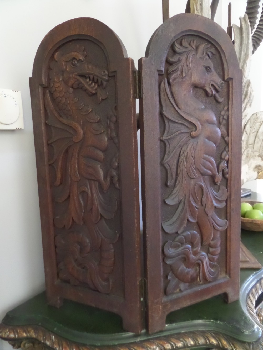 19th Century Mythical Dragon Hippocampus Carved Screen Panel