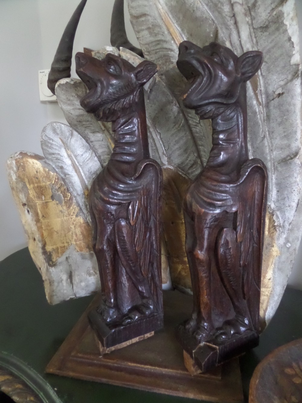 19th Century Carved Wooden Gargoyles Griffins Gothic Lights