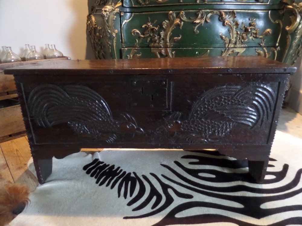 16th Century Carved Oak 6 Plank Coffer Chest Fighting Birds