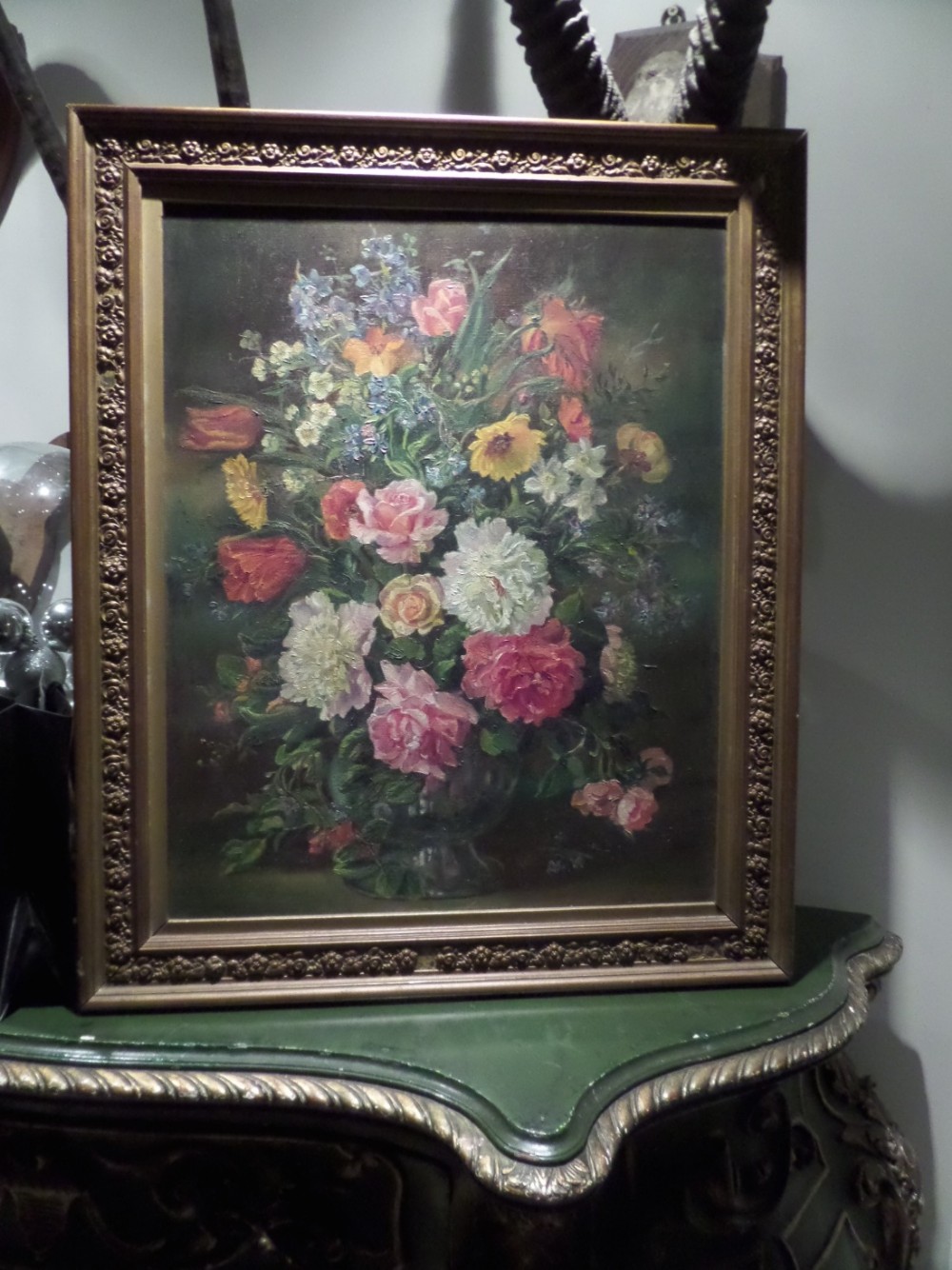Antique Still Life Oil on Canvas Flowers Painting