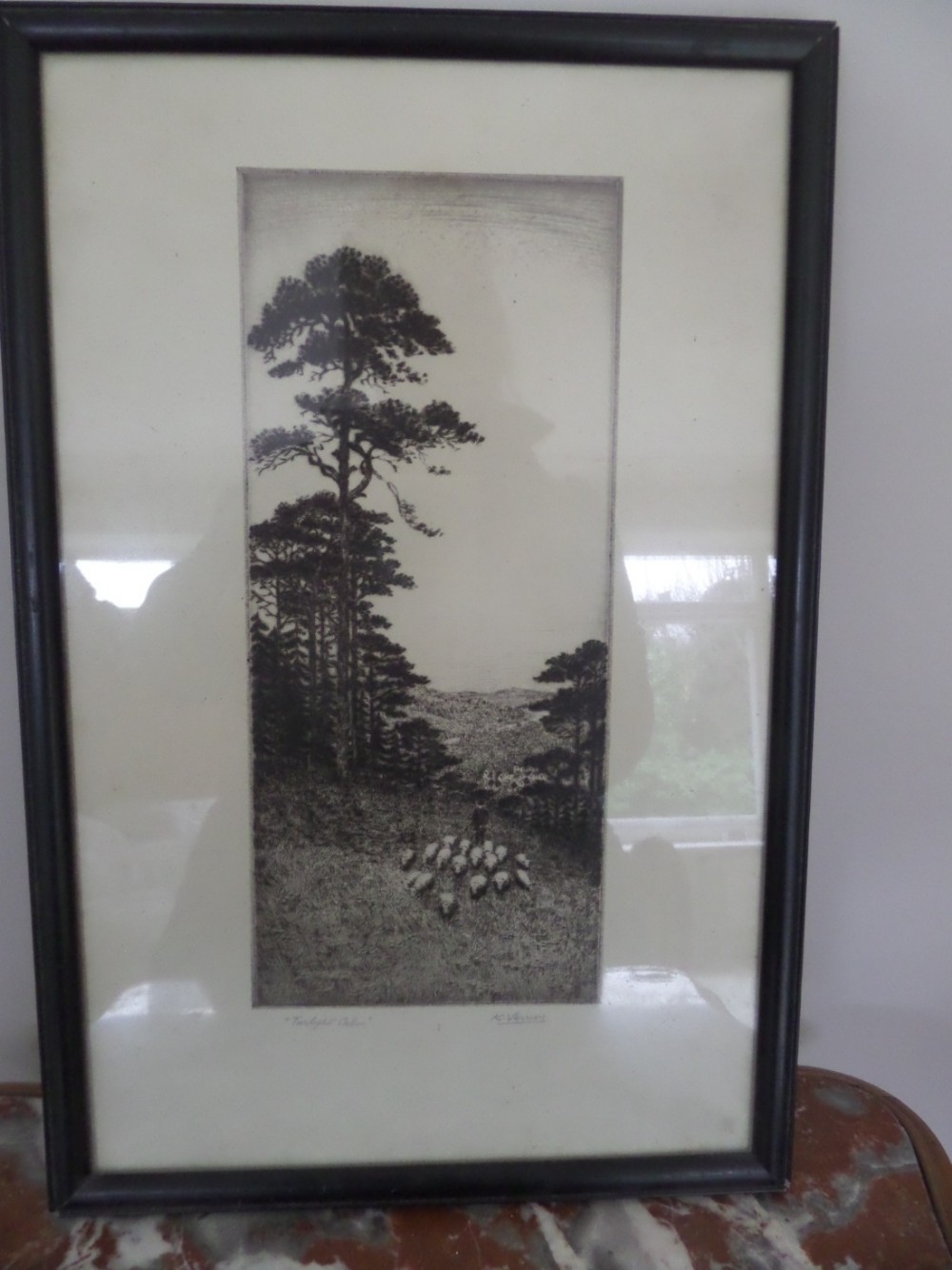 Antique Engraving Etching Signed K Vernon Twilight Calm