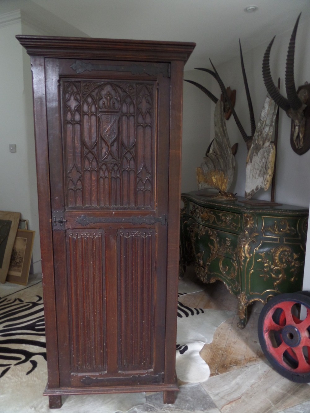 19th Century Carved Oak Gothic Church Cabinet Tracery Panel