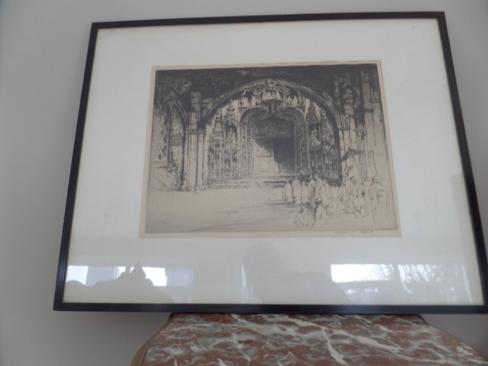 Antique Etching by Andrew Affleck Gothic Belem Doorway Monastery Signed
