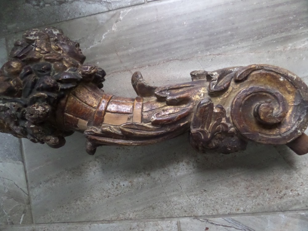 17th Century Carved Polychrome Gilt Cornucopia Sconce Cherubs