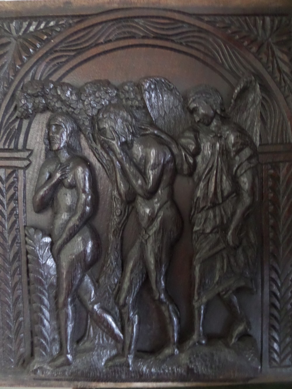 Antique Carved Oak Church Religious Panel Angel Adam & Eve