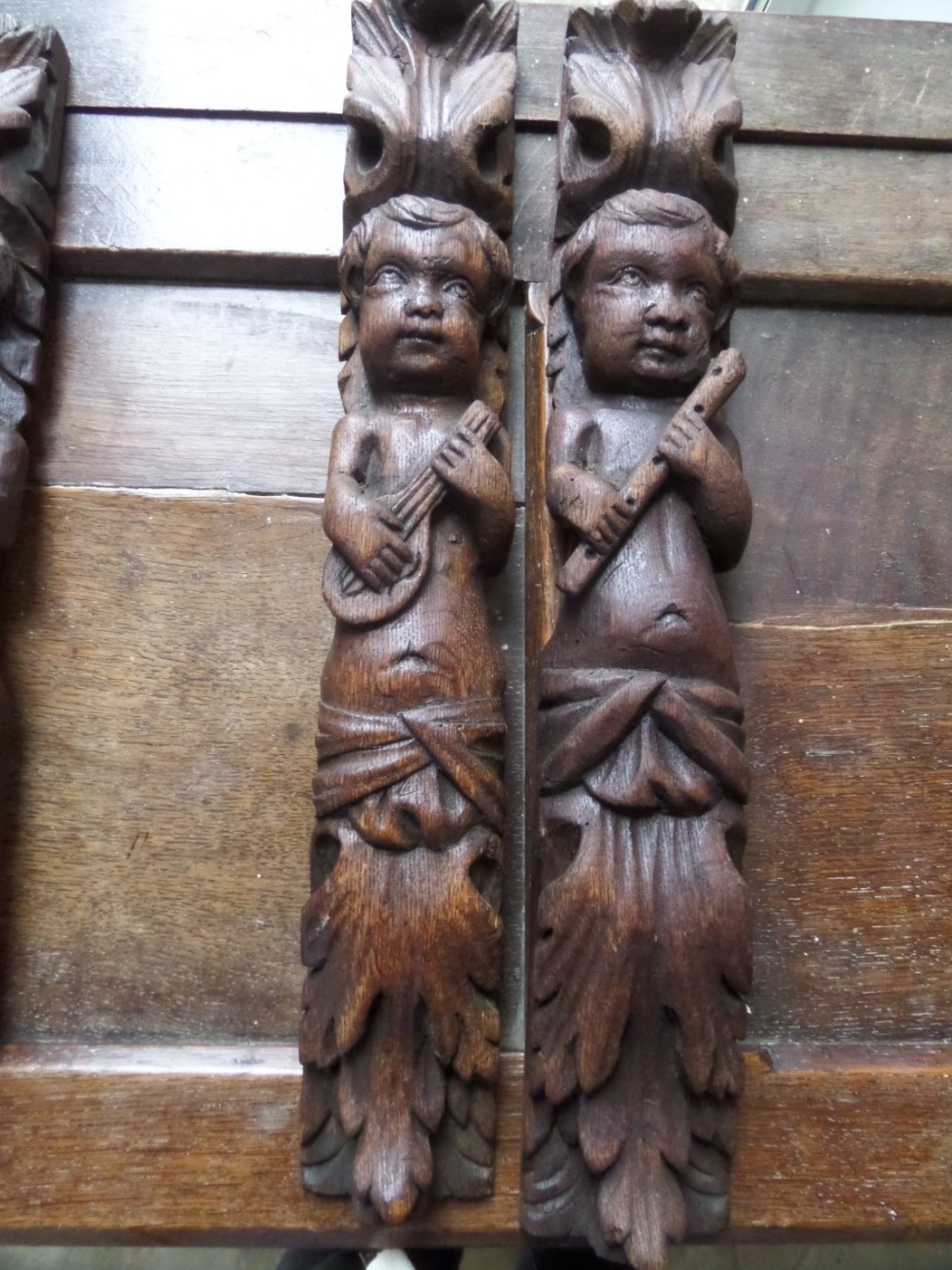 19th Century Carved Oak Caryatids Putti Putto Panel