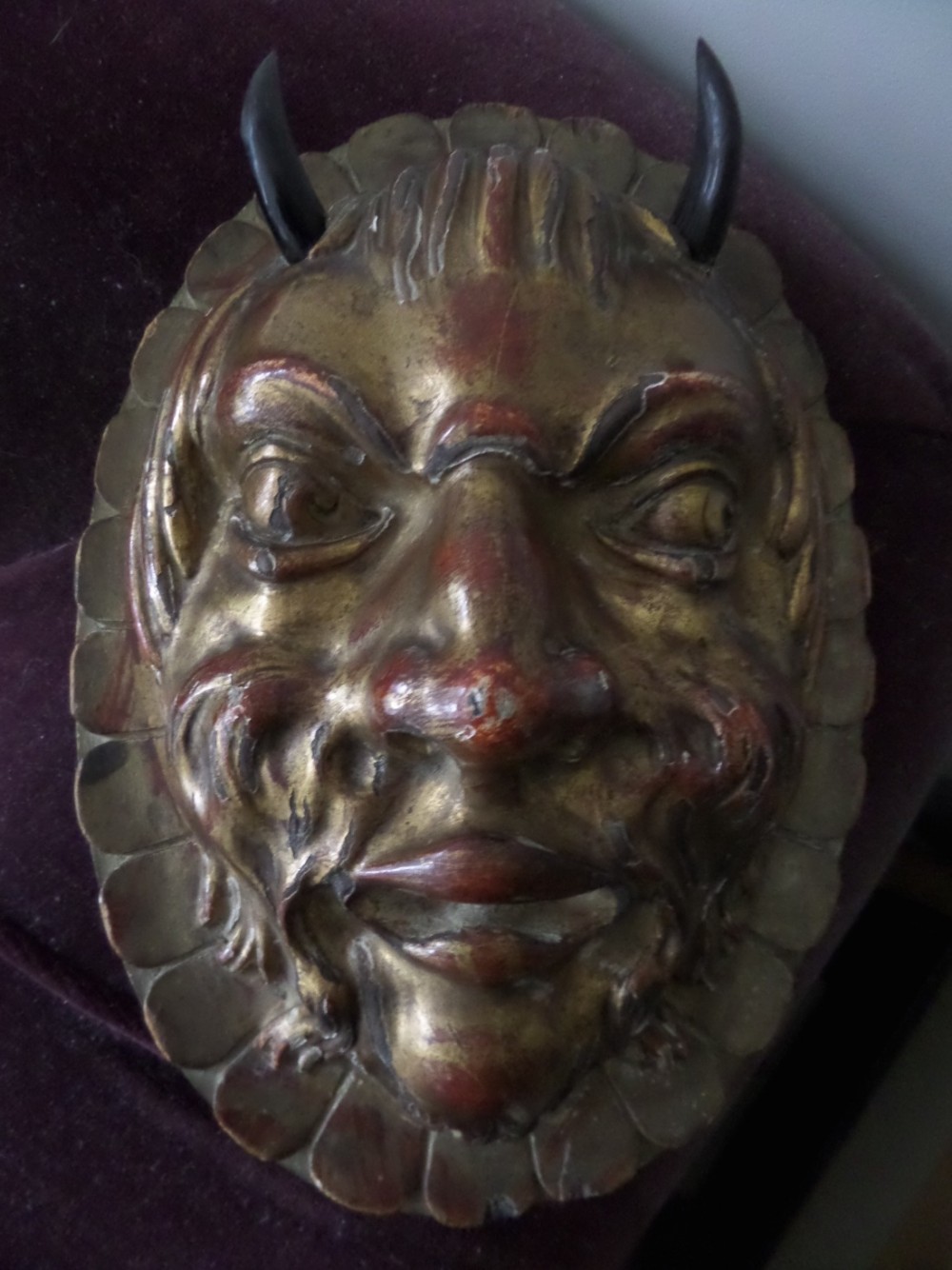 Large Late 18th Century Carved Wooden Boss Gilt Venetian Devil Head