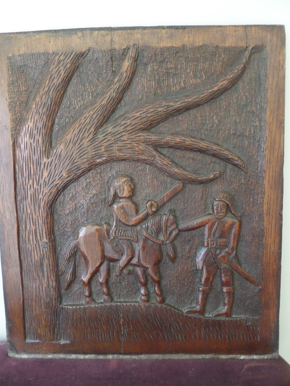 18th Century Carved Oak Panel Folk Art Horse and Rider