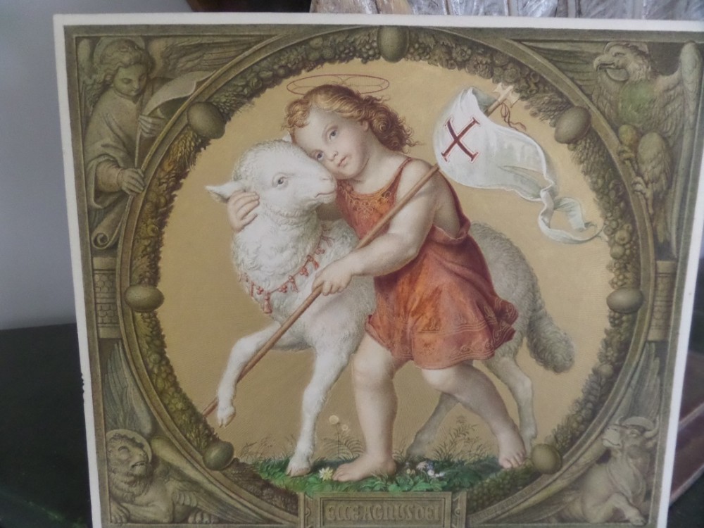 19th Century Religious Chromolithograph Evangelists dated 1859 Cherub Lamb