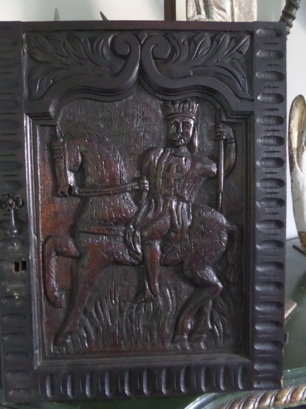 19th Century Carved Oak Door Panel Soldier on Horseback