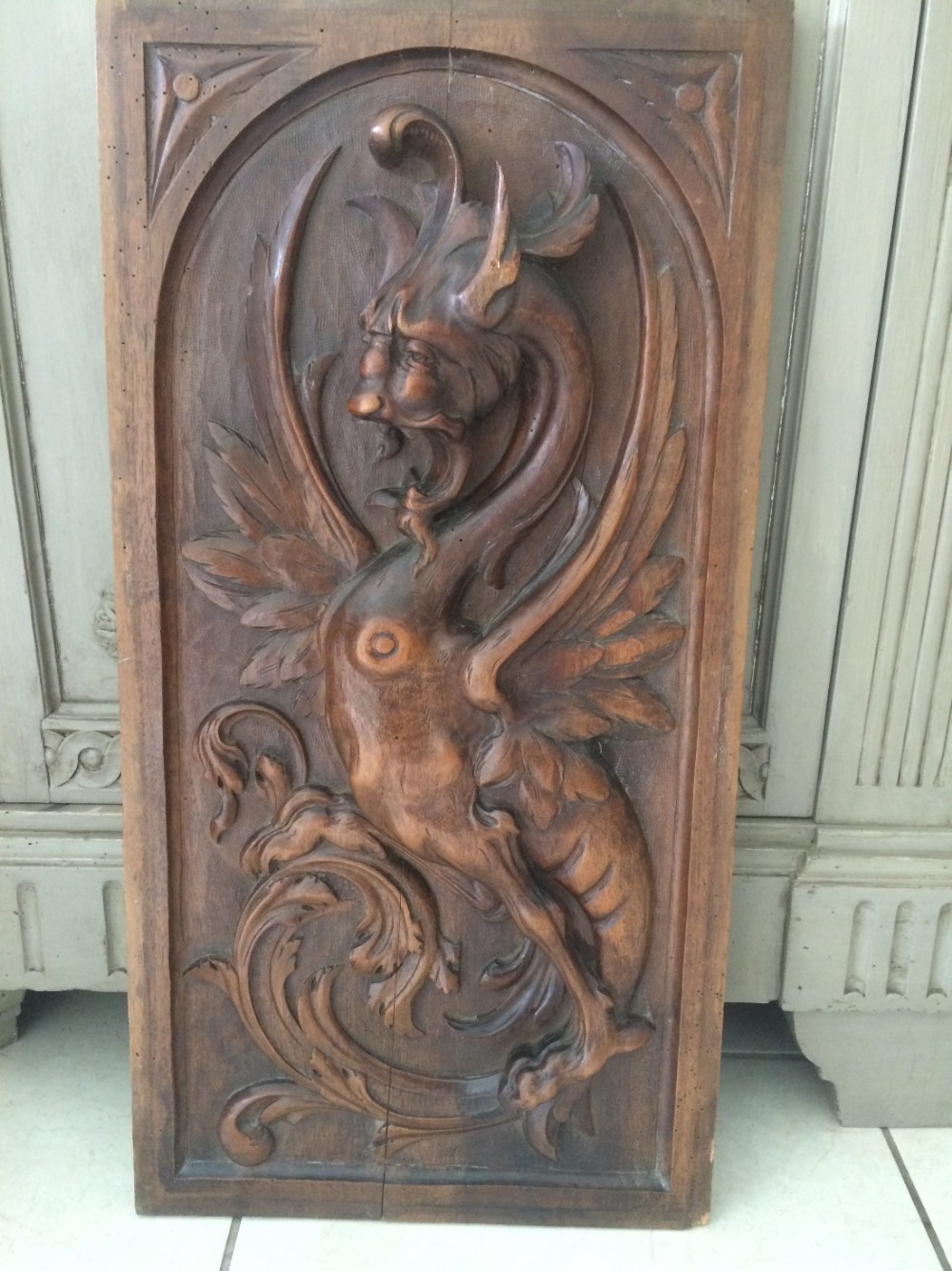 Large 19th Century Deeply Carved Walnut Griffin Devil Panel