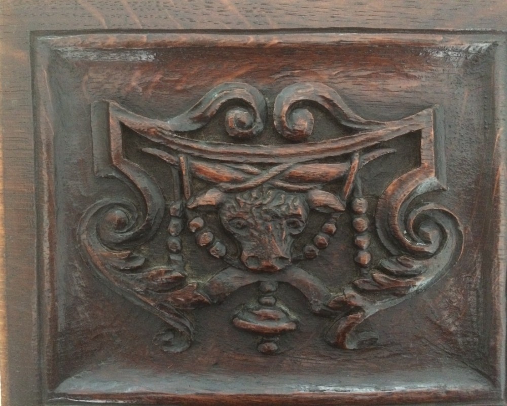 19th Century Arts Crafts Carved Oak Panel Bull