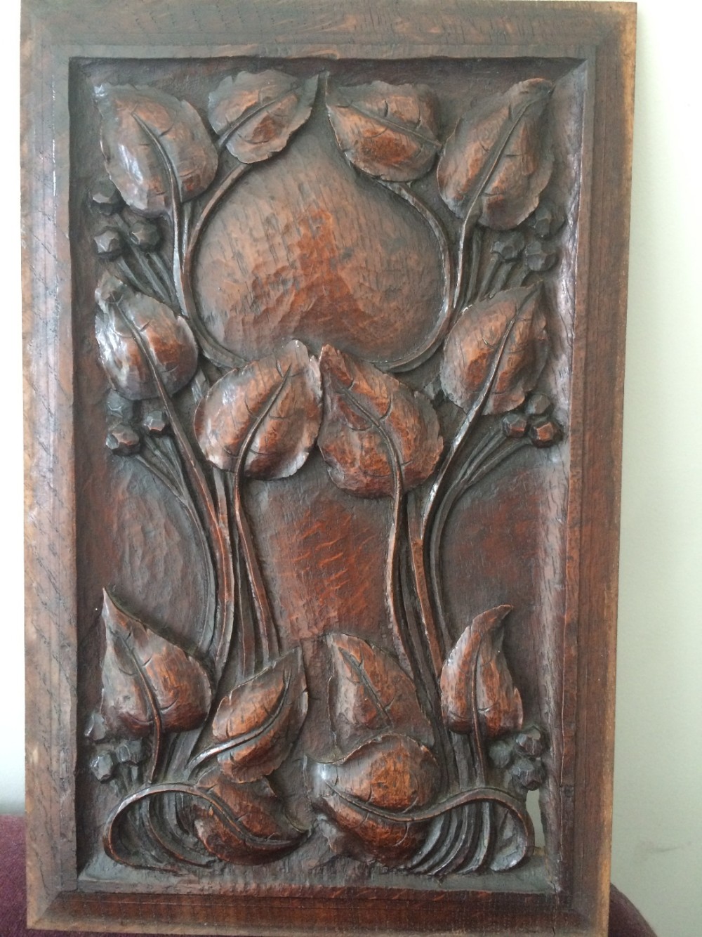 English 19th Century Arts Crafts Carved Oak Panel Heart Foliage