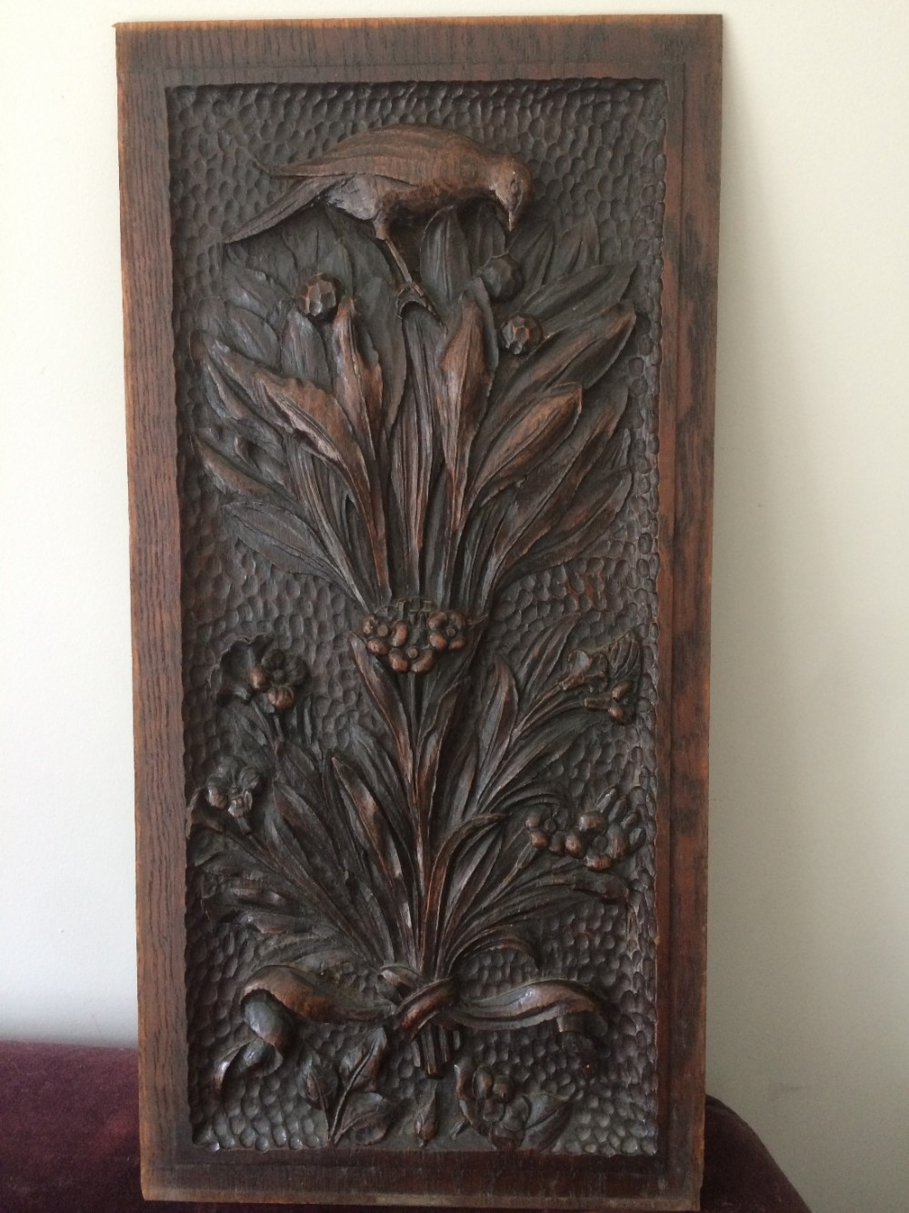 19th Century Arts Crafts Carved Oak Bird Foliage carved by Edwin Ridgeway Panel