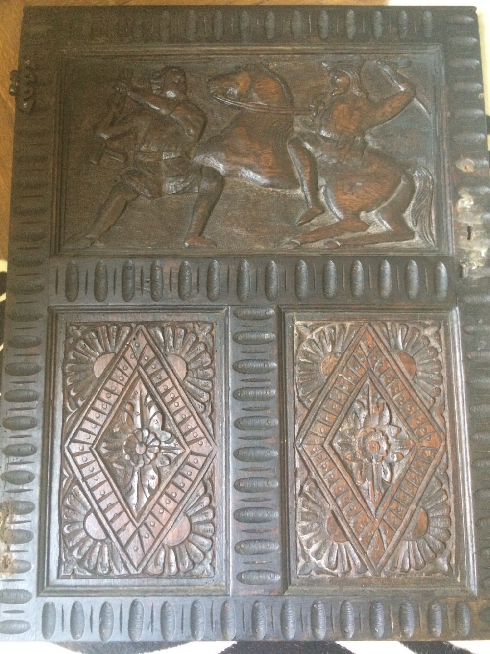Antique Carved Oak Panel Soldier on Horse Back