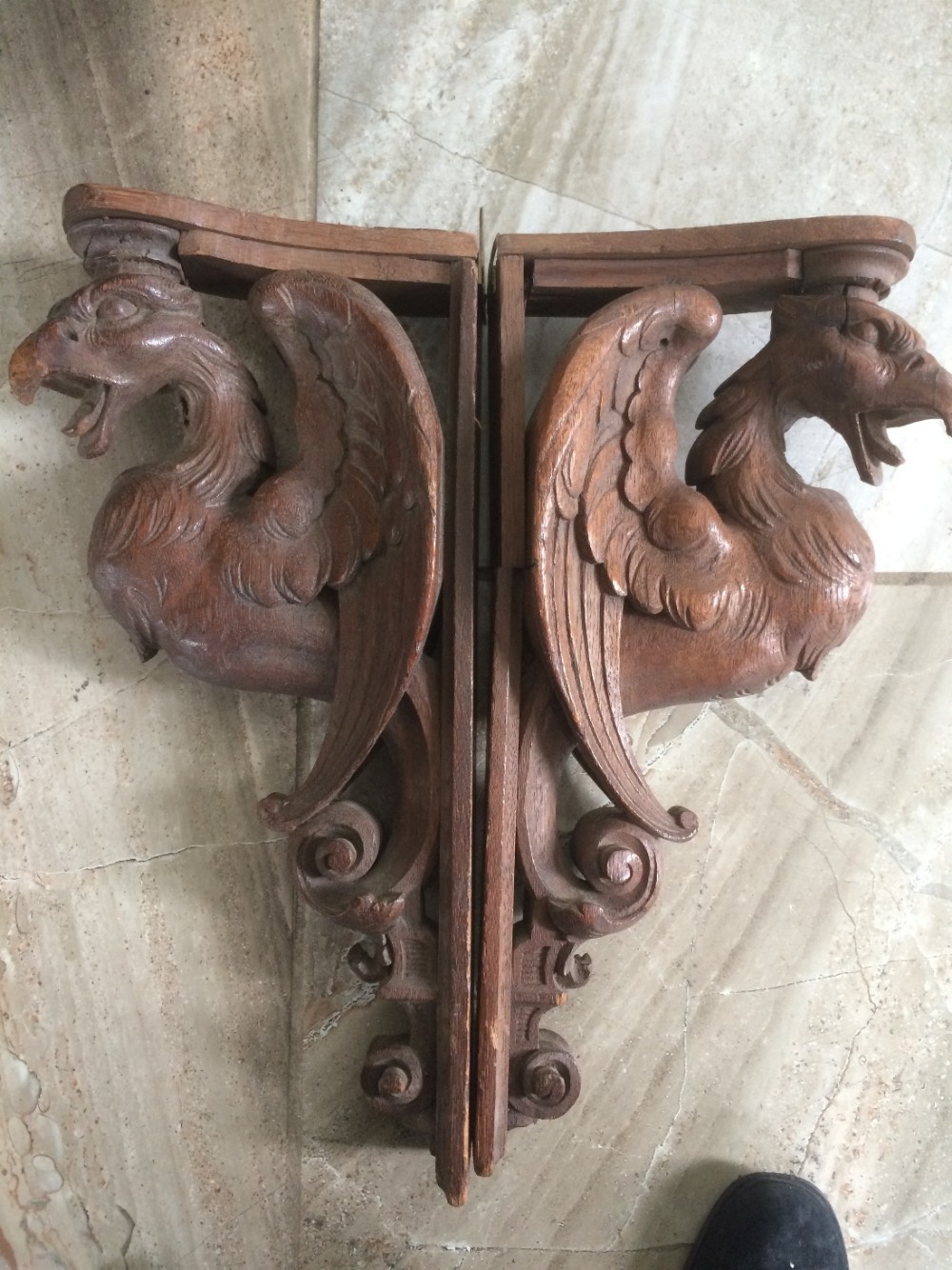 19th Century Antique Carved Griffin Eagle Caryatids Panels