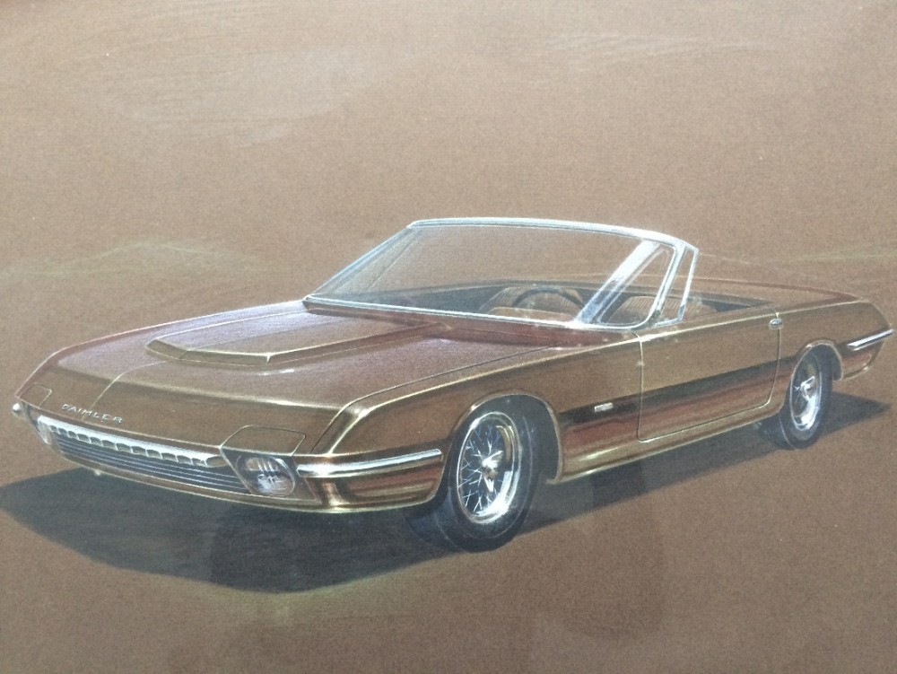Large Rare Antique Original Trevor Fiore Drawings of a Concept Daimler Sports Car