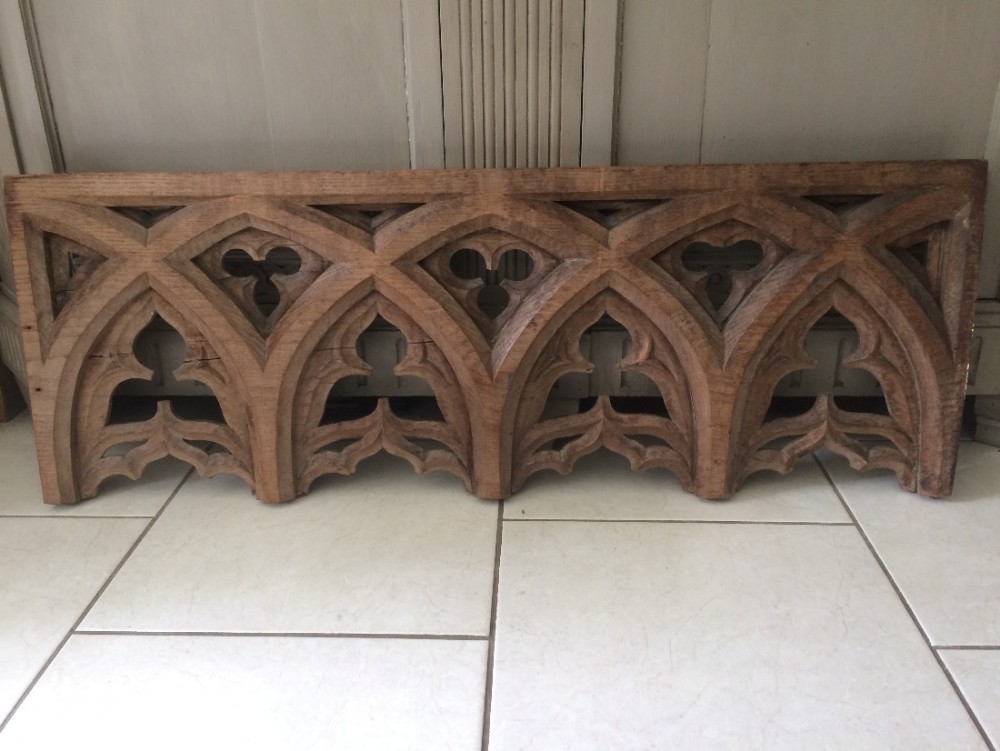 Victorian Carved Oak Gothic Panel Overmantel Overdoor Tracery