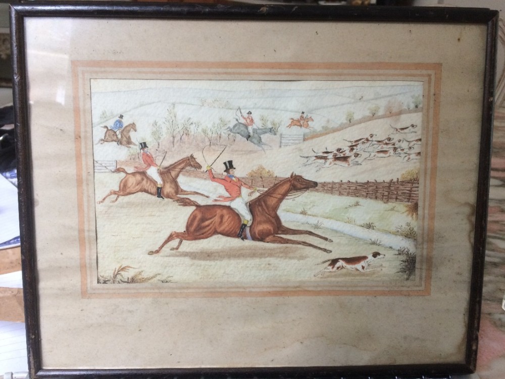 Henry Alken 19th Century Watercolour Painting of a Fox Hunt with Horse and Hounds. 
