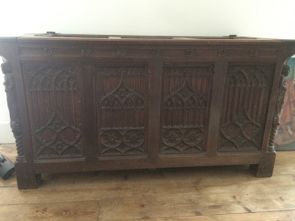 Early 19th Century Carved Oak Coffer Chest Gothic Revival Saints and Tracery