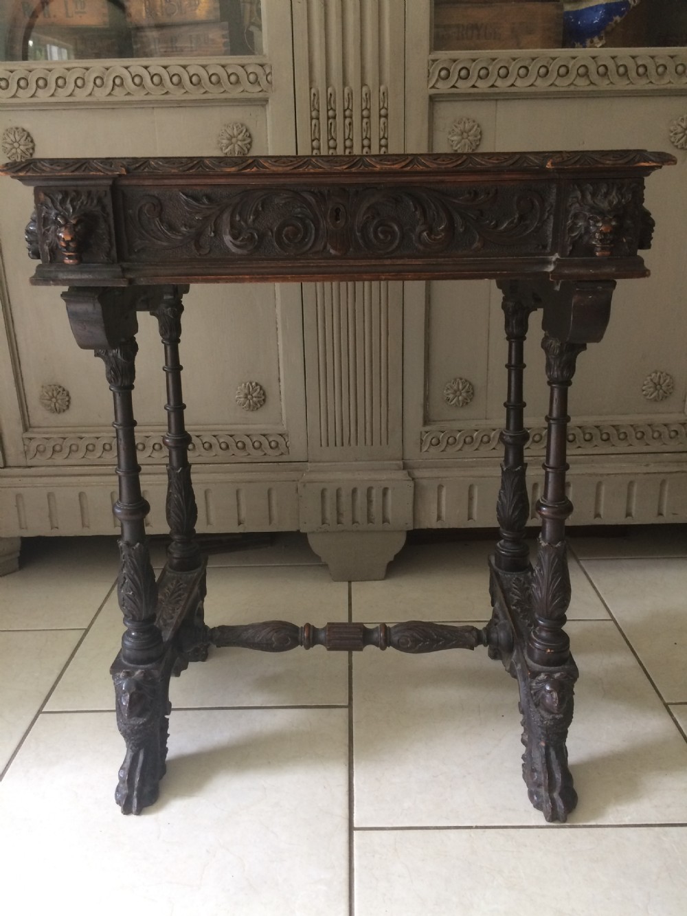 19th Century Carved Walnut Renaissance Specimen Table Mythical Devils Gargoyles