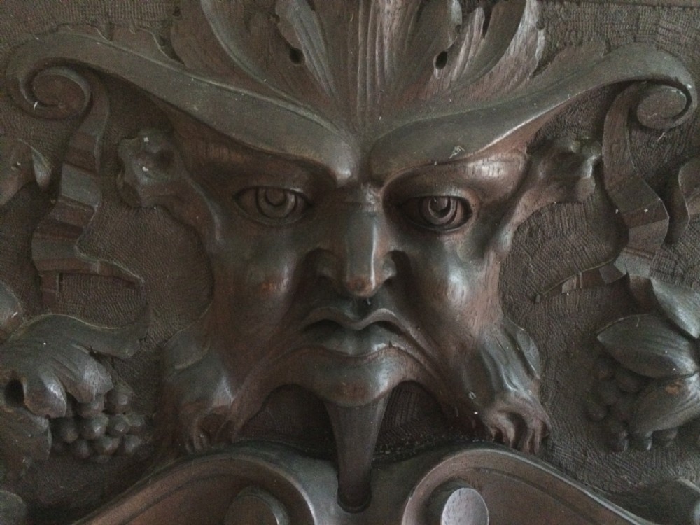 19th Century Carved Walnut Panel Horned Devil, Dolphins and Lion Claw Feet View III