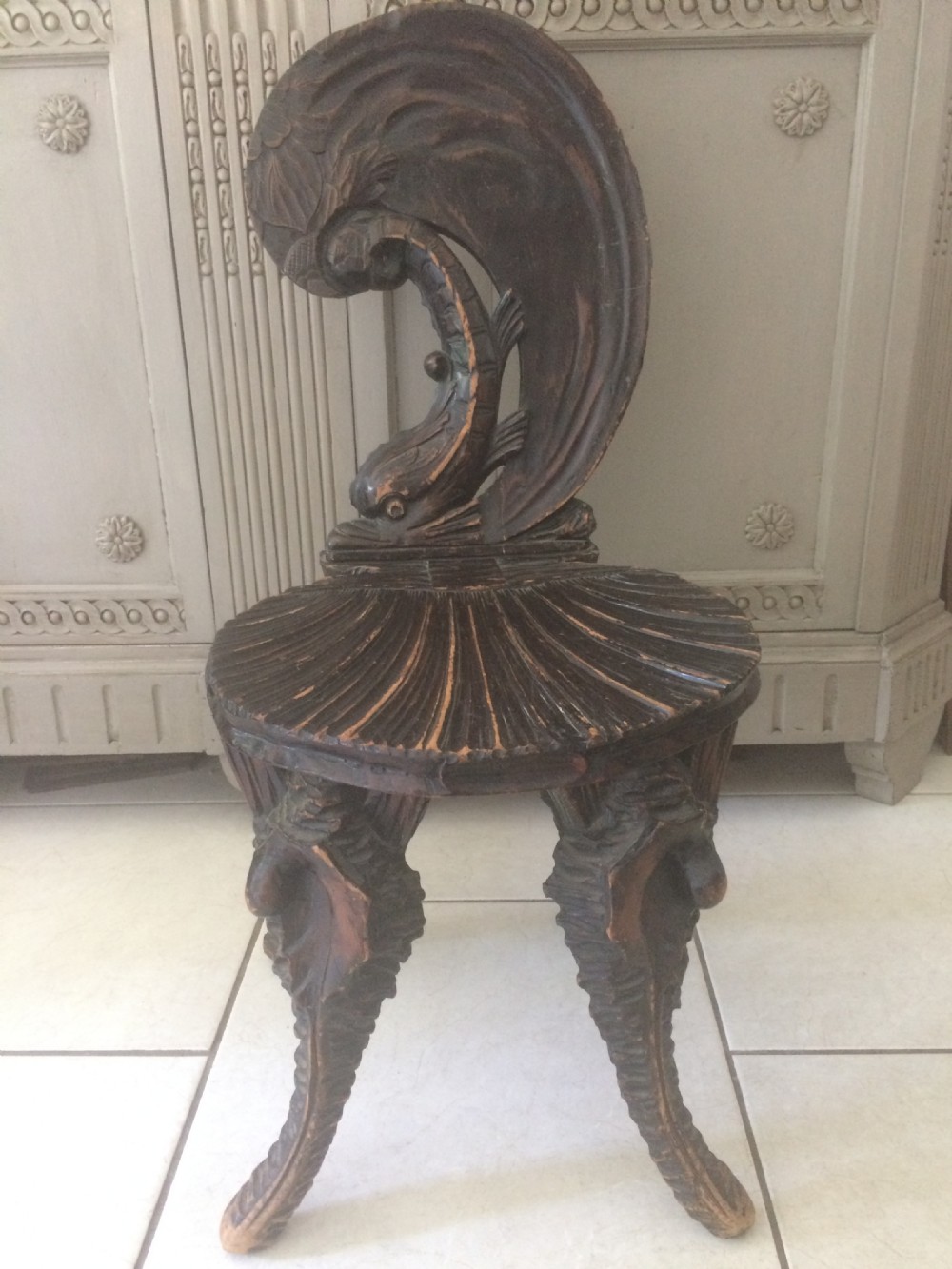19th Century Carved Grotto Venetian Dolphin Chair with Shell Legs