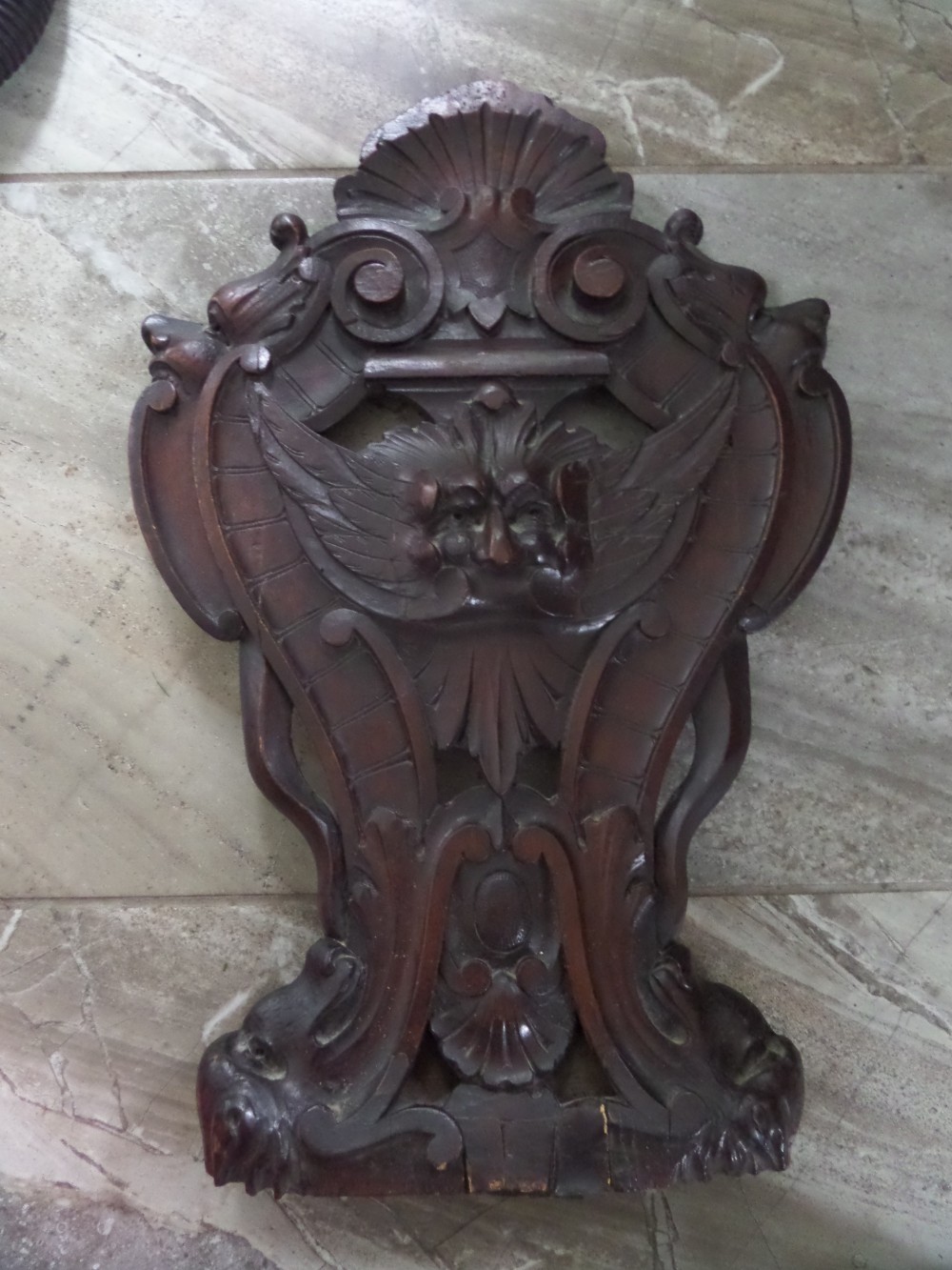 19th Century Carved Walnut Panel Winged Gargoyles